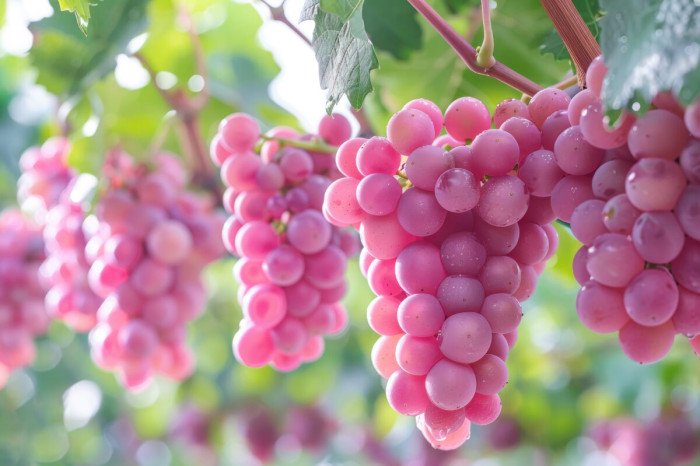 Koshu pink grapes hanging from the vine.