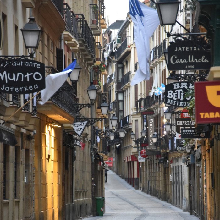 San Sebastian, Spain - Jan 10, 2021: the narrow streets and Pintxo bars of Parte Vieja in the early morning