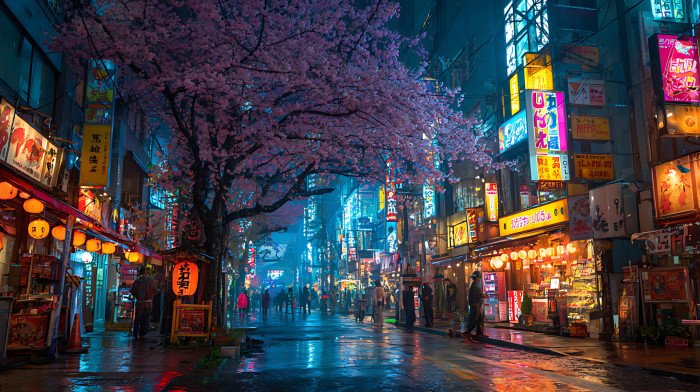 Night street scene in tokyo japan with cherry blossoms and neon lights for travel and tourism photos